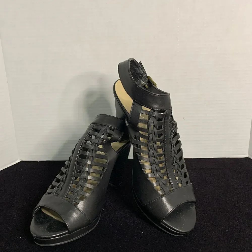 CL by Laundry Way-026 Black Braided Design Slingback Sandals Heels Shoes 7.5